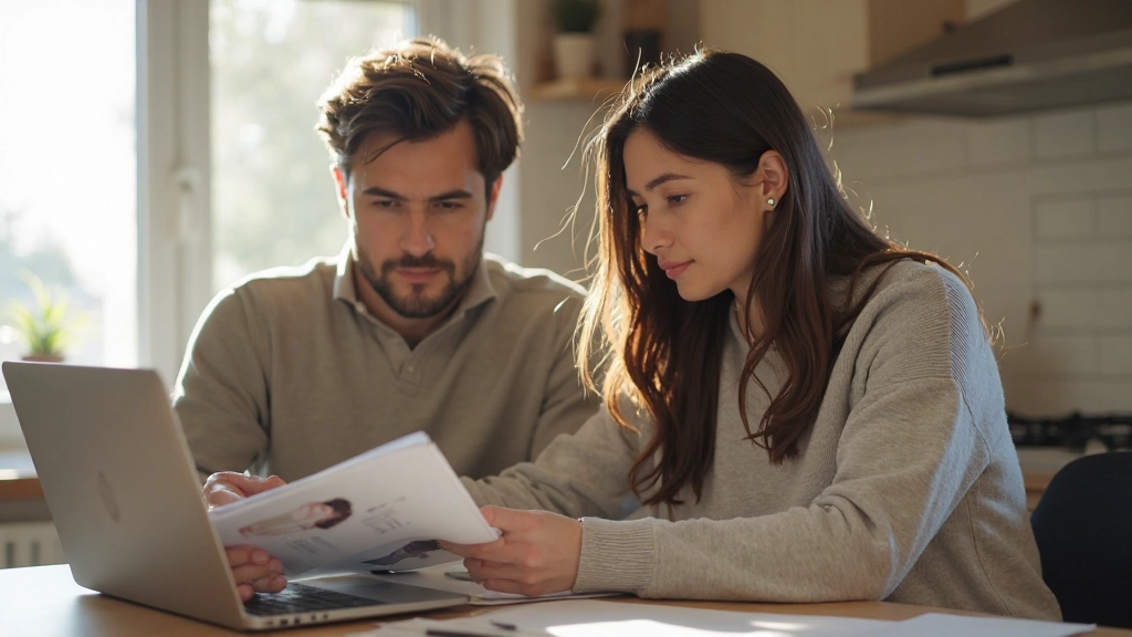 Пара обсуждает крупную покупку, рассматривая каталог ноутбуков