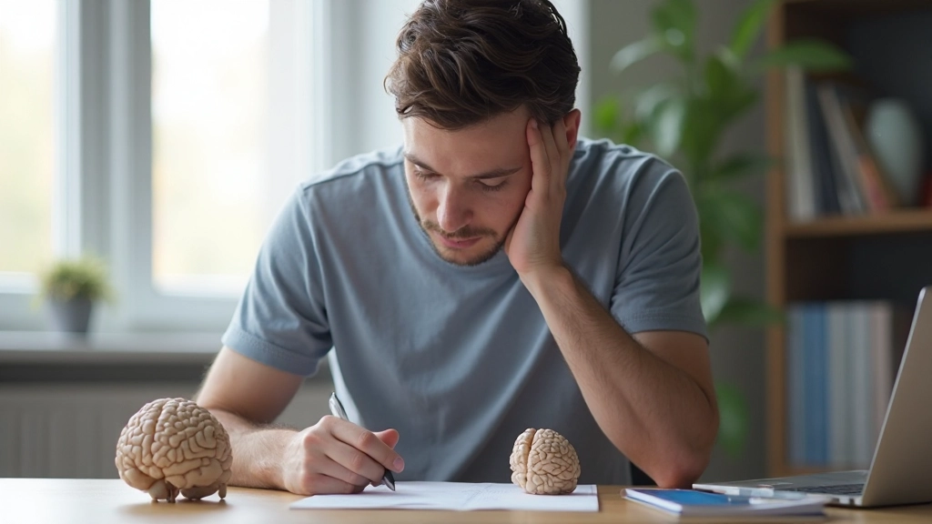 Профессиональное фото человека, изучающего материалы с использованием мнемонических техник, сосредоточенное выражение лица