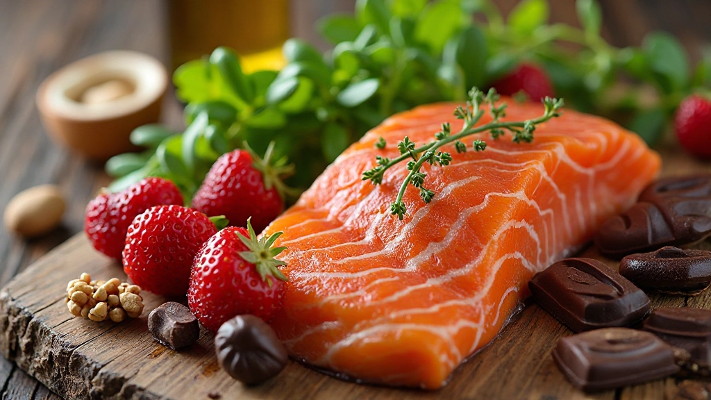 Профессиональное фото питательной еды на столе с ягодами, рыбой, орехами и зелёными овощами