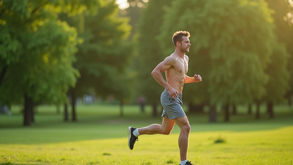Человек занимается аэробной физической активностью в парке с естественным освещением и зеленью