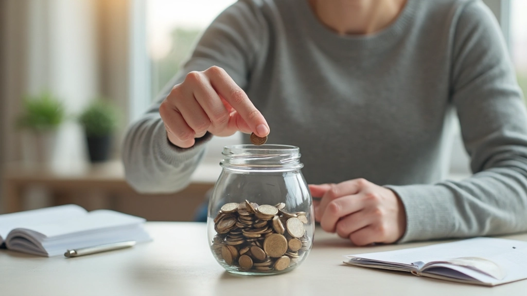 Копилка с монетами на столе, символизирующая первые сбережения