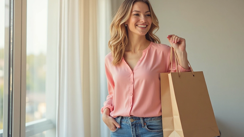 Женщина улыбается, держа в руках сумку с покупками после тщательного выбора